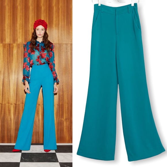 Alice + Olivia Pants - Alice & Olivia Paulette Pants High Waisted Trousers, Wide Leg, Juniper Teal Blue